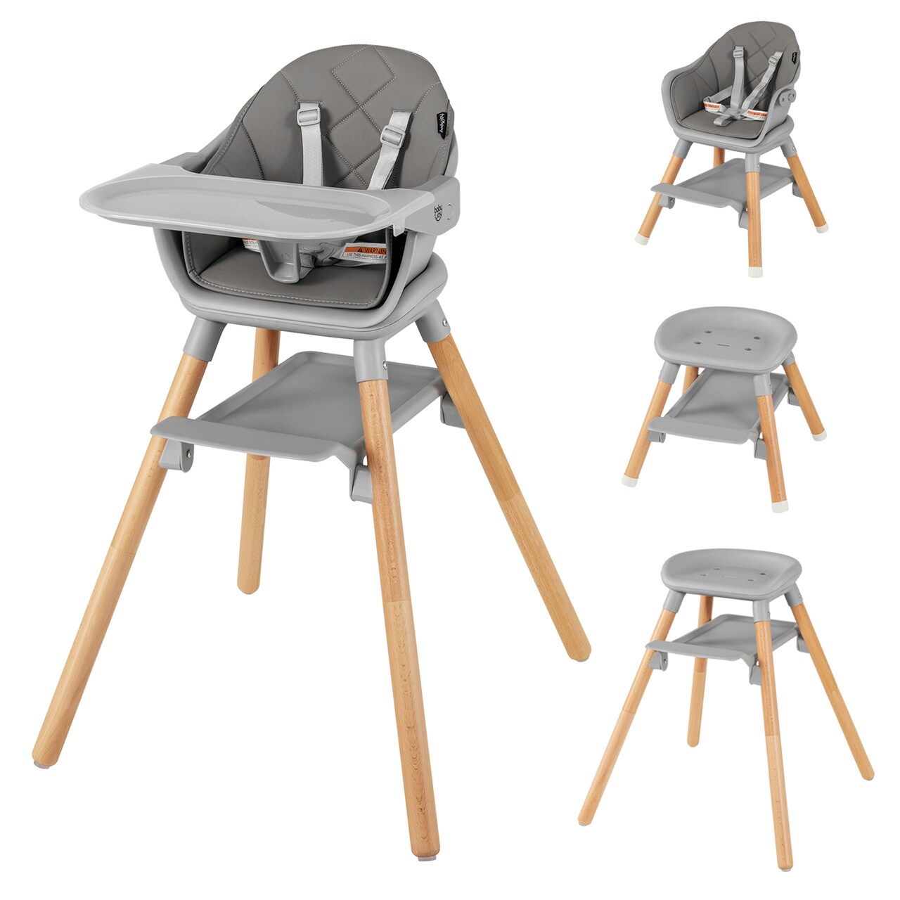 Costway 6-in-1 Convertible Wooden Baby Highchair Infant Feeding Chair with Removable Tray Black/Grey/Pink/White/Beige